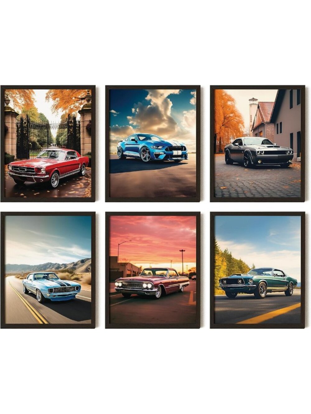 Vintage Muscle Car Wall Art Set | 6 Retro Race Car Prints 8x10 Unframed Decor